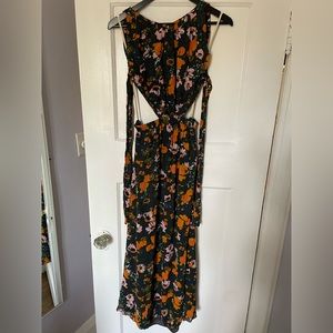 Wilfred maxi floral dress with side cut outs and open back